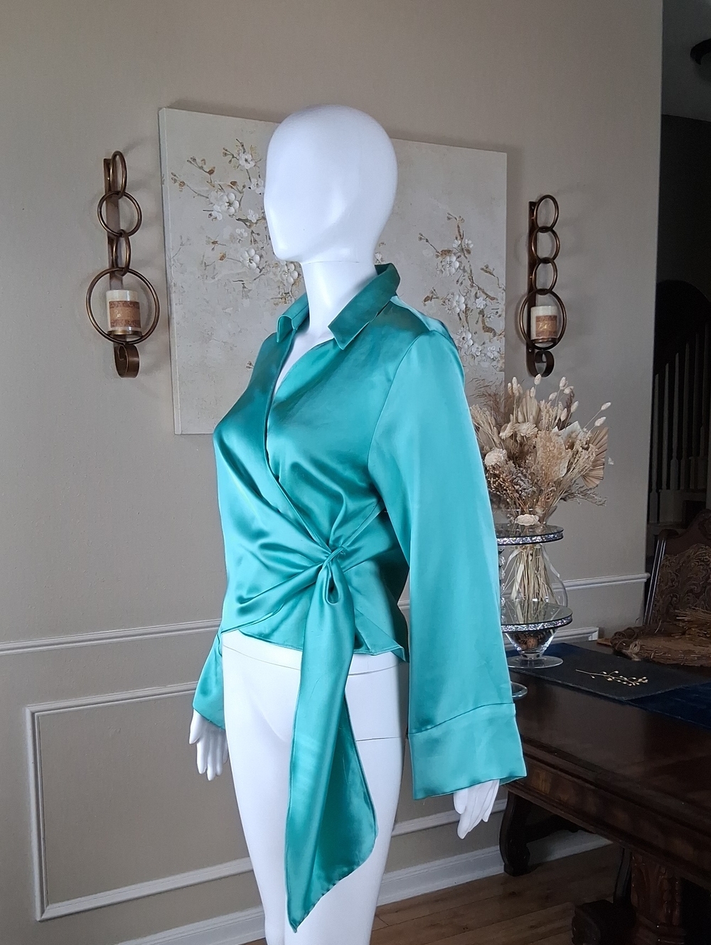 Zara Women's Teal Satin Glossy Fluid V Neck Wrap Long Sleeves Blouse Medium - Picture 10 of 16